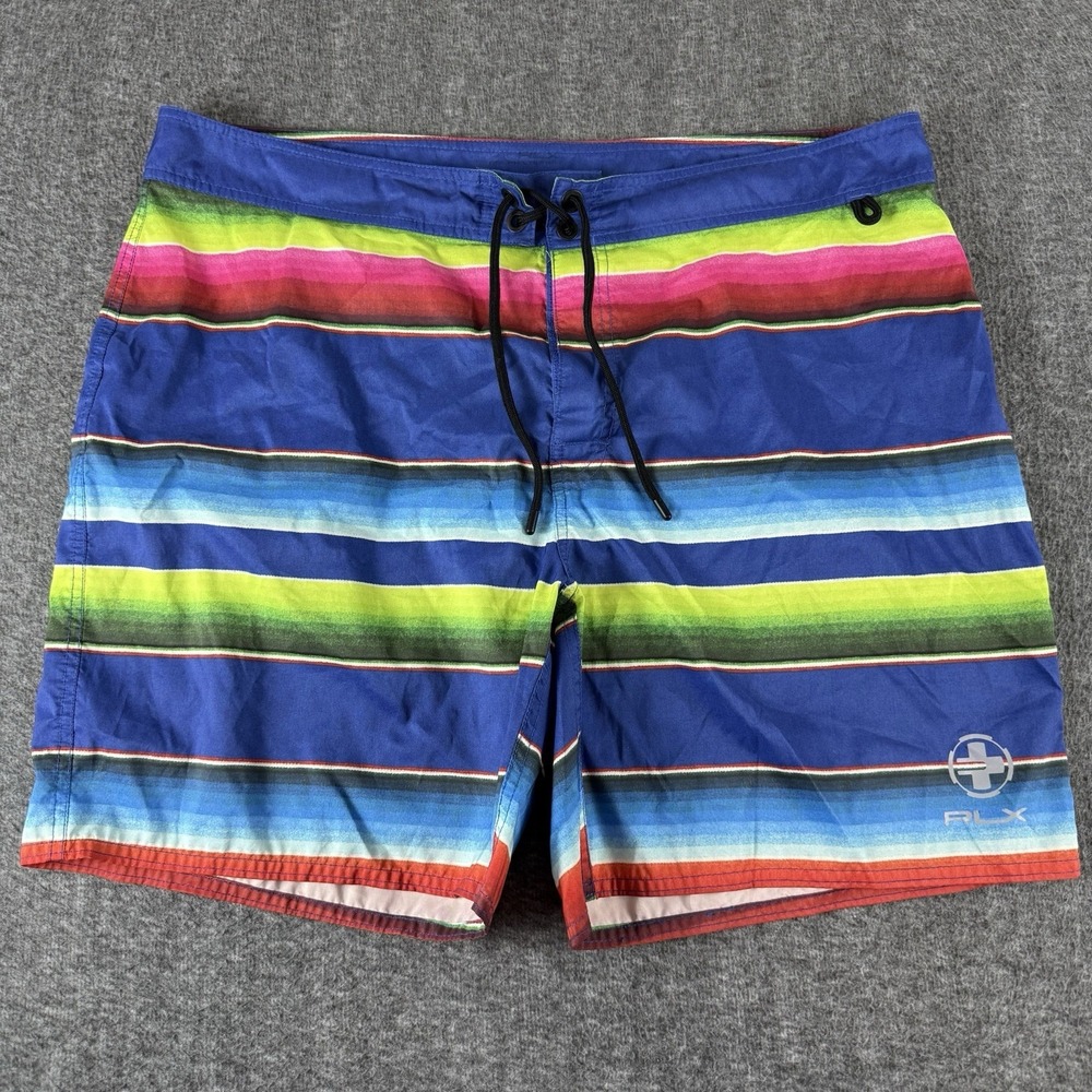 RLX Ralph Lauren Mens 42 Blue Multicolor Striped Board Shorts Swim Trunks Surf